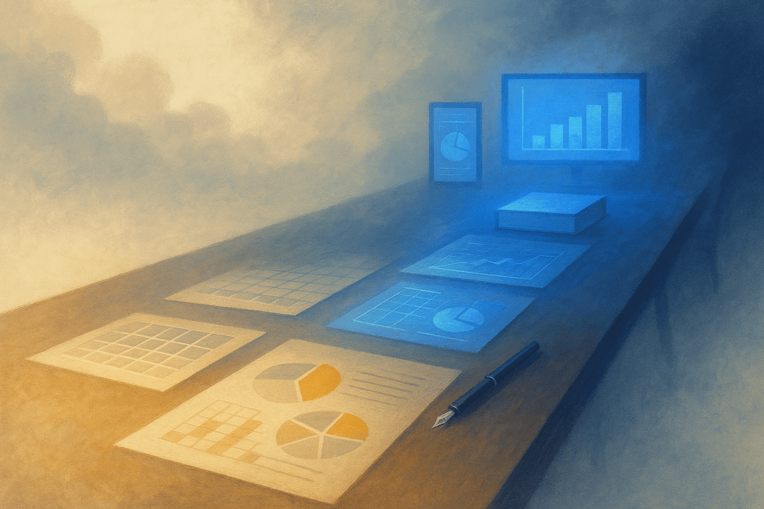 Editorial illustration of a consulting engagement workflow, showing financial models and analysis transforming into client-ready presentation decks