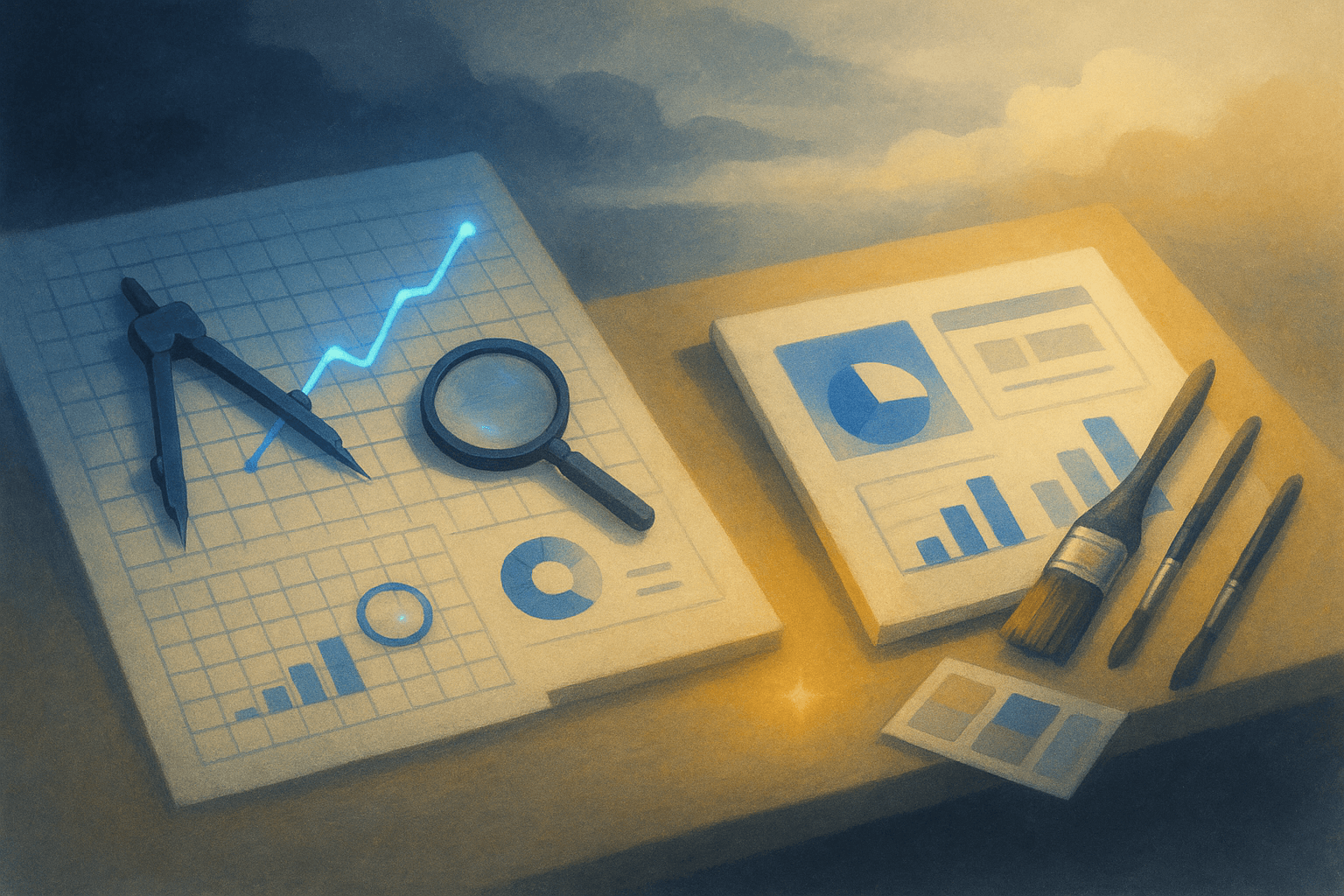 Editorial illustration comparing design-first and data-first presentation workflows, showing styled templates alongside computed chart outputs
