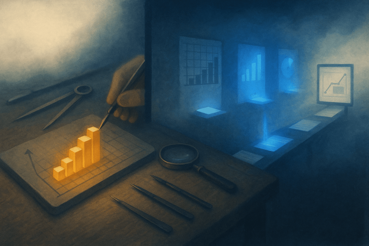 Editorial illustration comparing precision chart craftsmanship with full-pipeline deck automation, showing a detailed hand-crafted chart tool alongside an automated production line