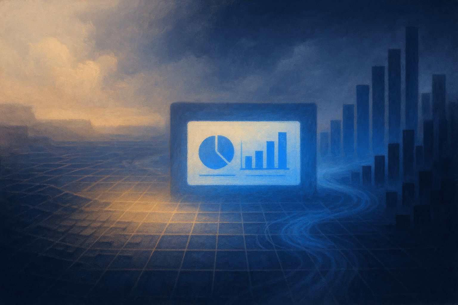 Editorial illustration showing the landscape of data-to-presentation tools, with spreadsheet forms flowing into a polished presentation deck