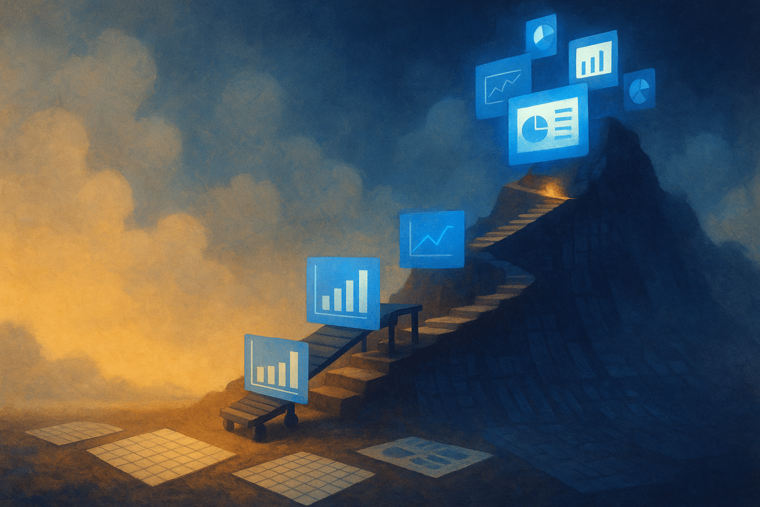 Editorial illustration showing six different approaches to converting Excel data into presentation slides, from manual to fully automated