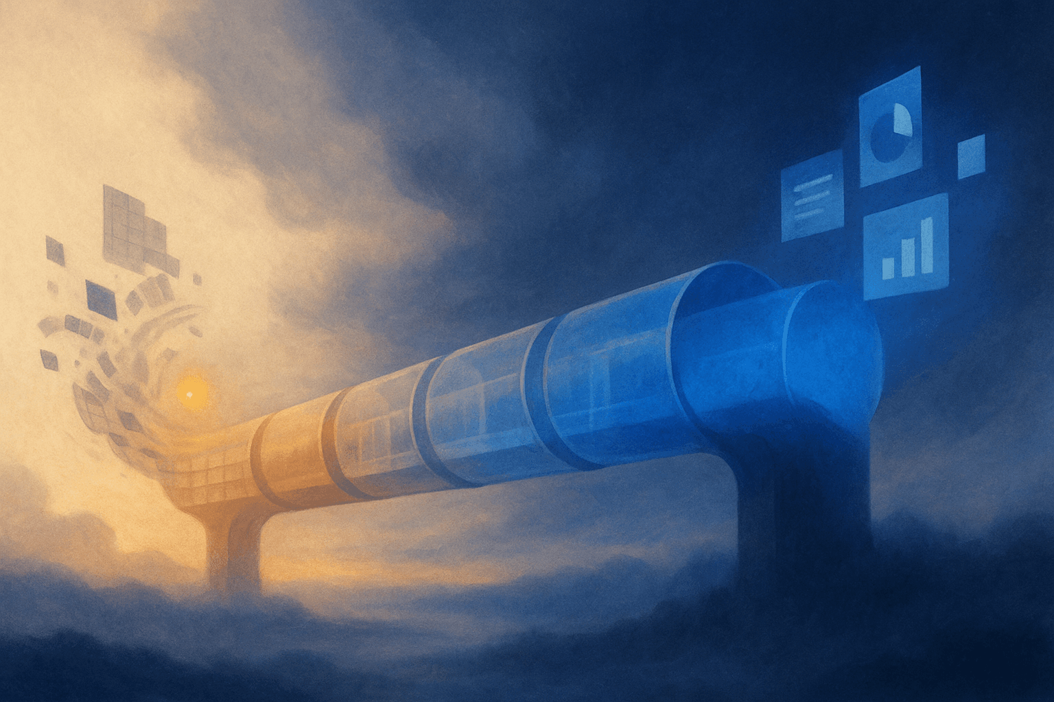 Atmospheric illustration of a luminous data processing pipeline stretching across a landscape, with raw data entering on one side and finished presentations emerging on the other